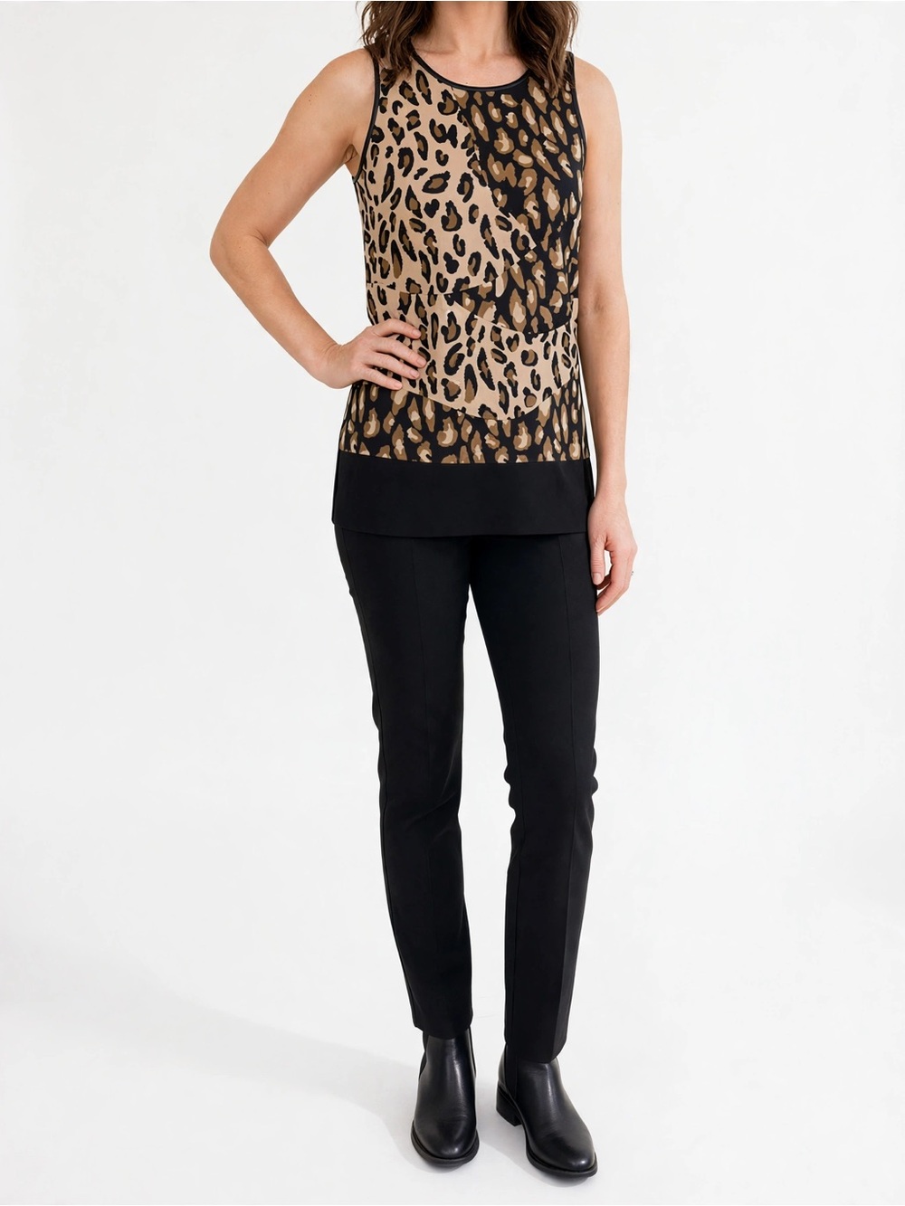 DKNY Animal Print Silk Blend Sleeveless Top Black Tan Brown Leather Piping